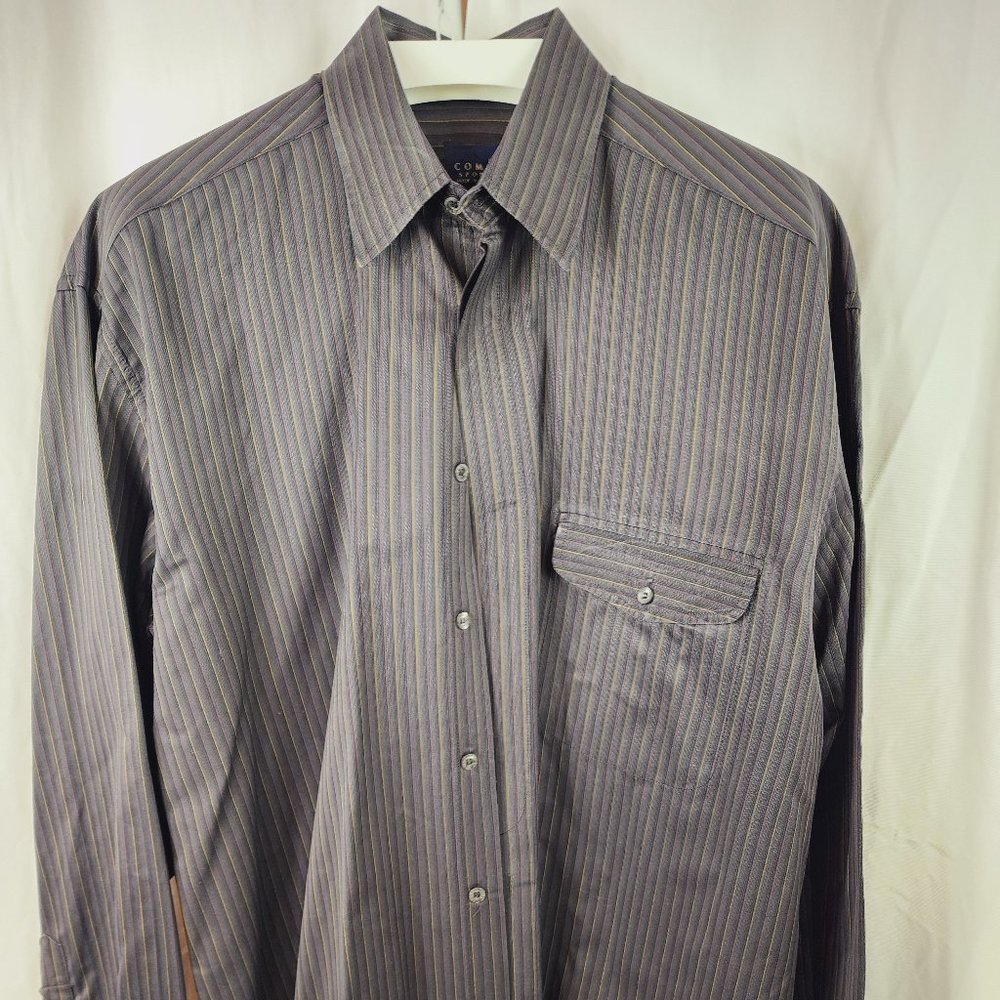 ComoSport dark gray with fine maroon and gold striped dress shirt, size Large.